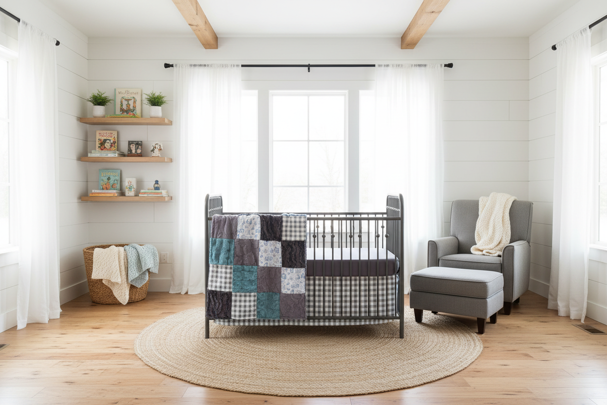 Classic Winnie Pooh nursery with gray sheet