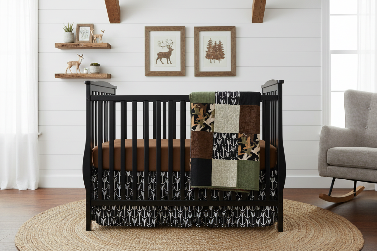 Close-up camo duck hunting nursery with ladder blanket pattern
