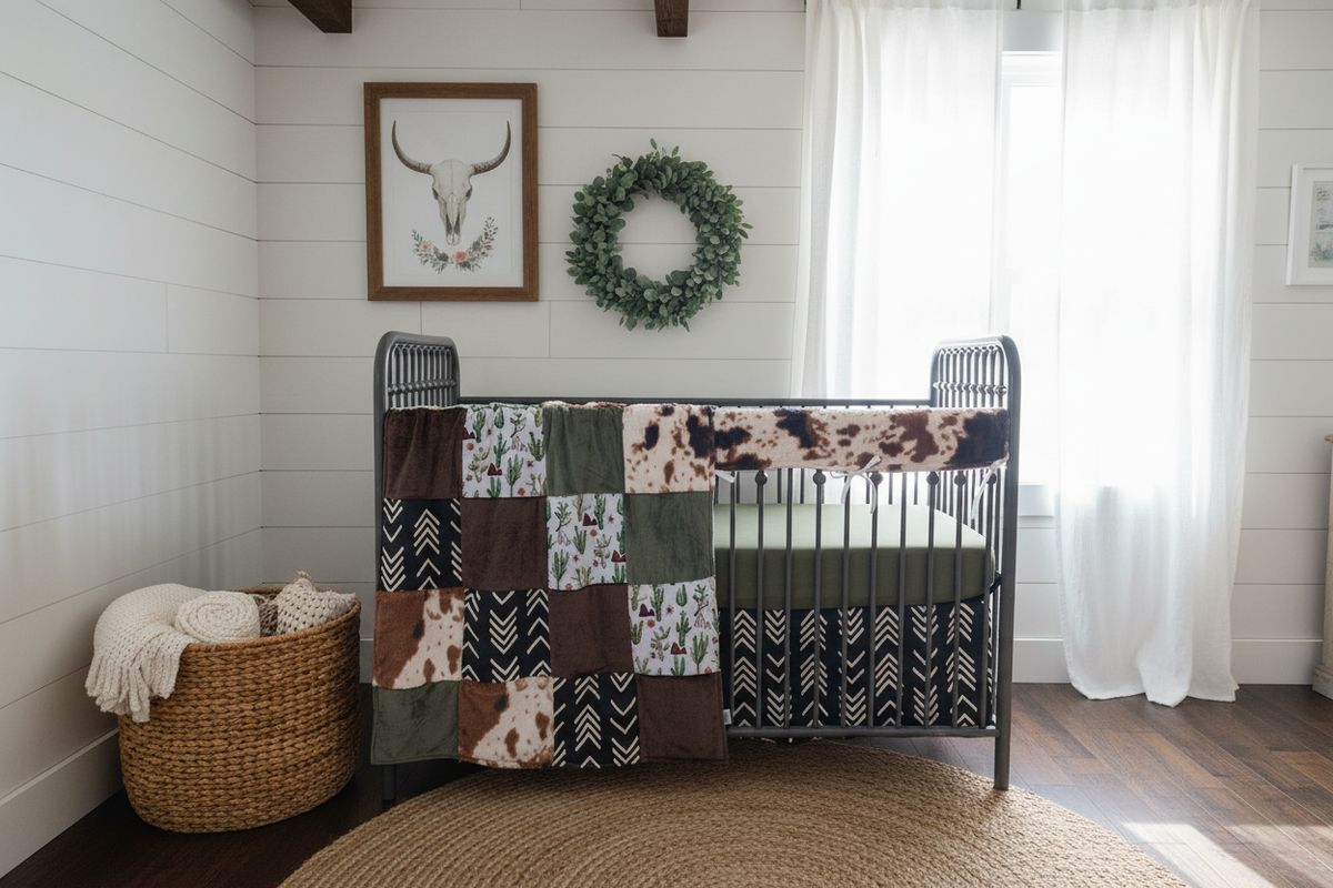 Close-up farmhouse nursery with cactus mountains and cow minky western bedding