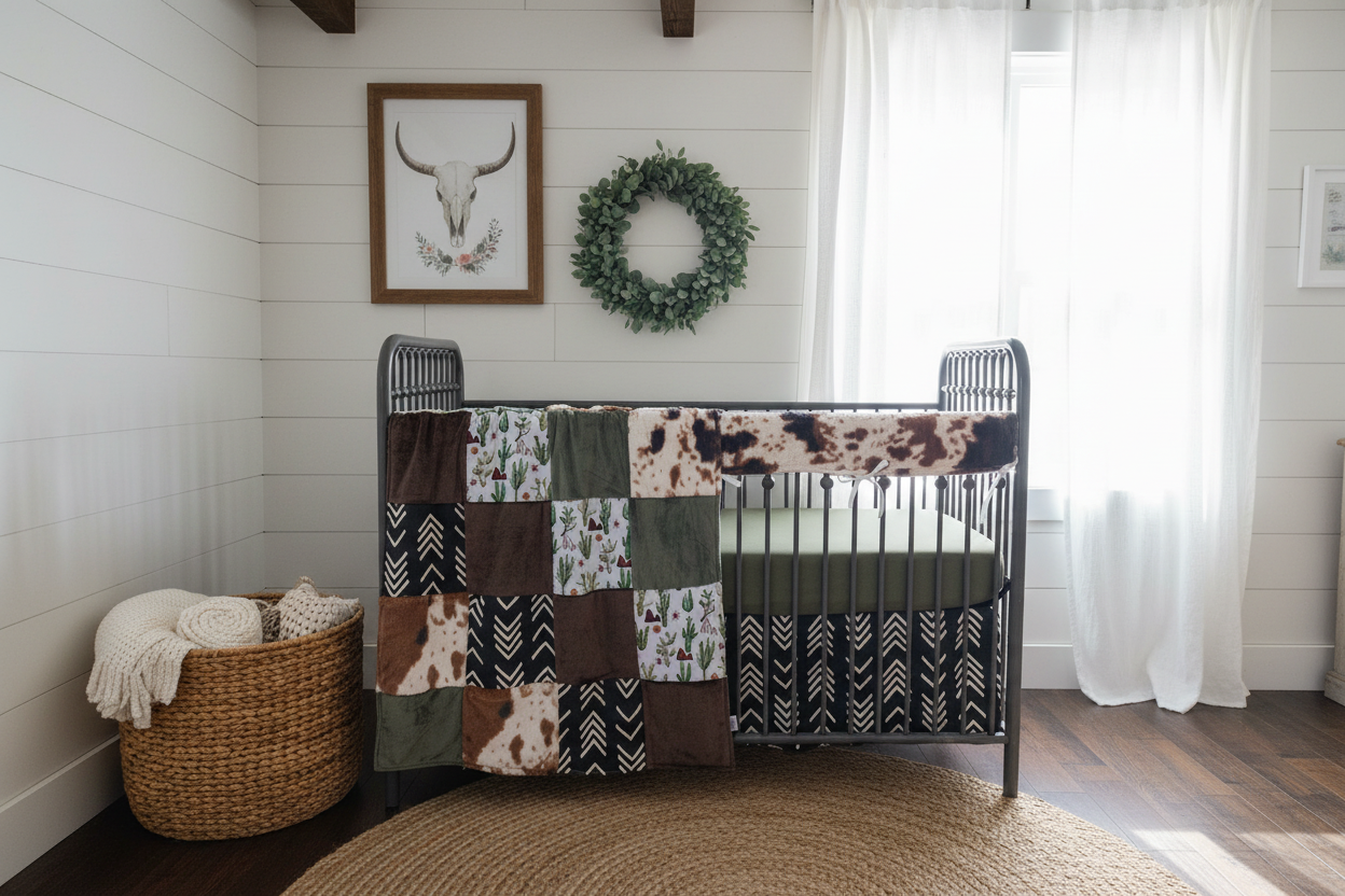 Close-up farmhouse nursery with cactus mountains and cow minky western bedding