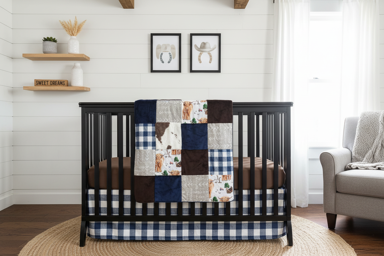 Close-up highland cow farmhouse nursery with dark crib