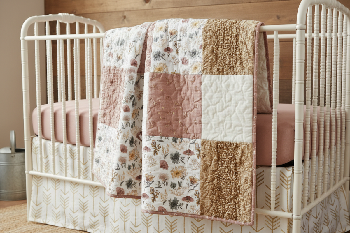 Close-up of dusty rose and gold floral woodland bedding