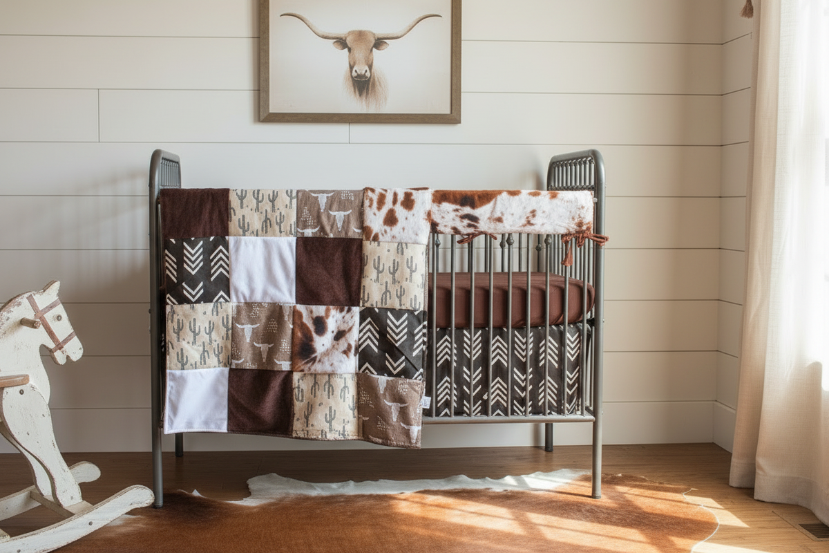 Close-up of western crib bedding in rustic nursery