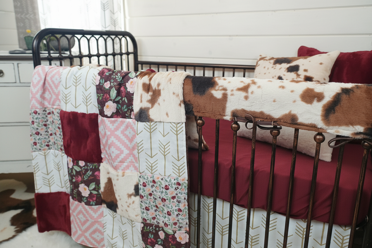 Cow Burgundy Pink Floral Arrow Bedding Close-Up