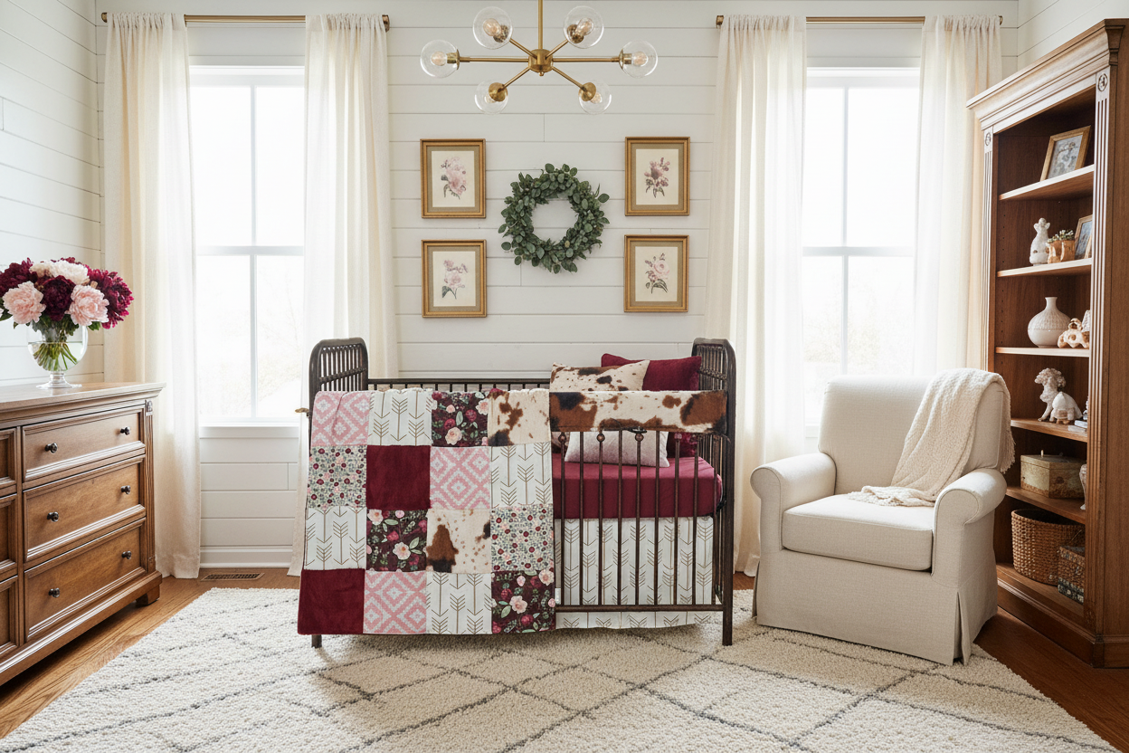 Cow Burgundy Pink Floral Arrow Bedding Magazine Nursery