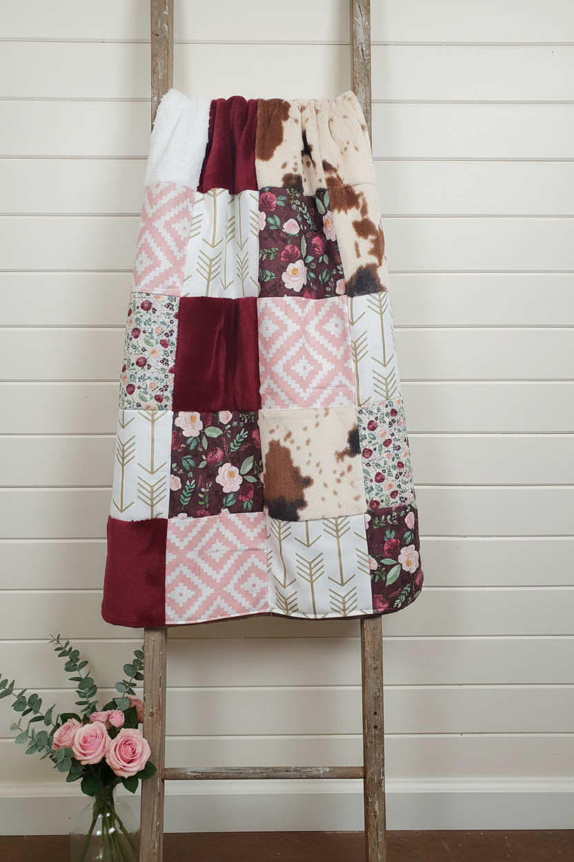 Cow Burgundy Pink Floral Arrow Blanket Lifestyle on Ladder