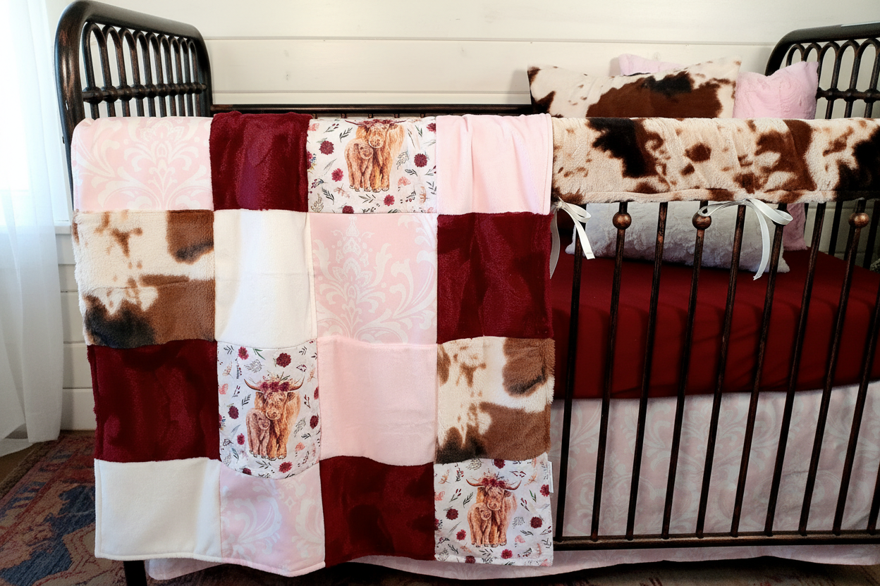 Cow Burgundy Pink Floral Bedding Close-Up