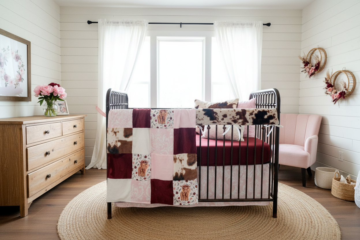 Cow Burgundy Pink Floral Bedding Farm Rustic Nursery Spacious