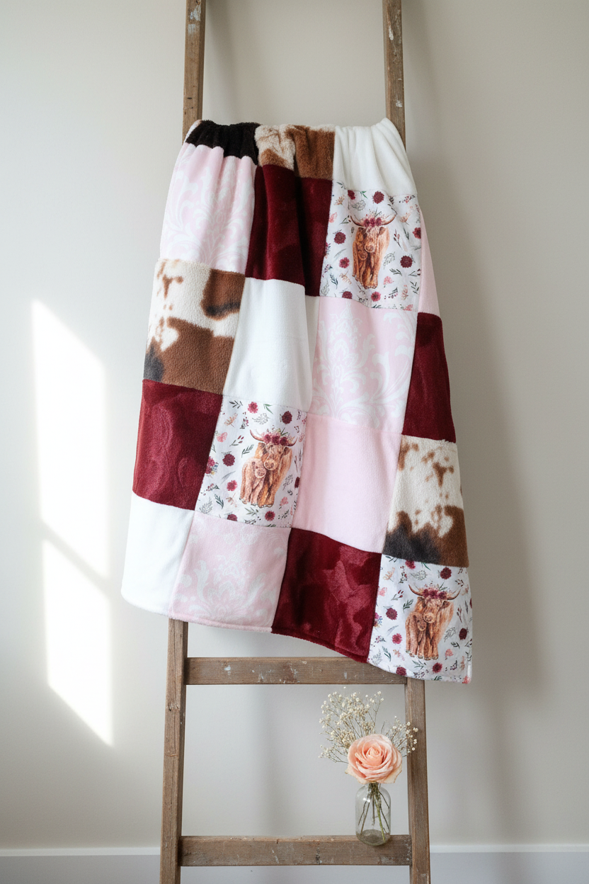 Cow Burgundy Pink Floral Blanket Lifestyle on Ladder
