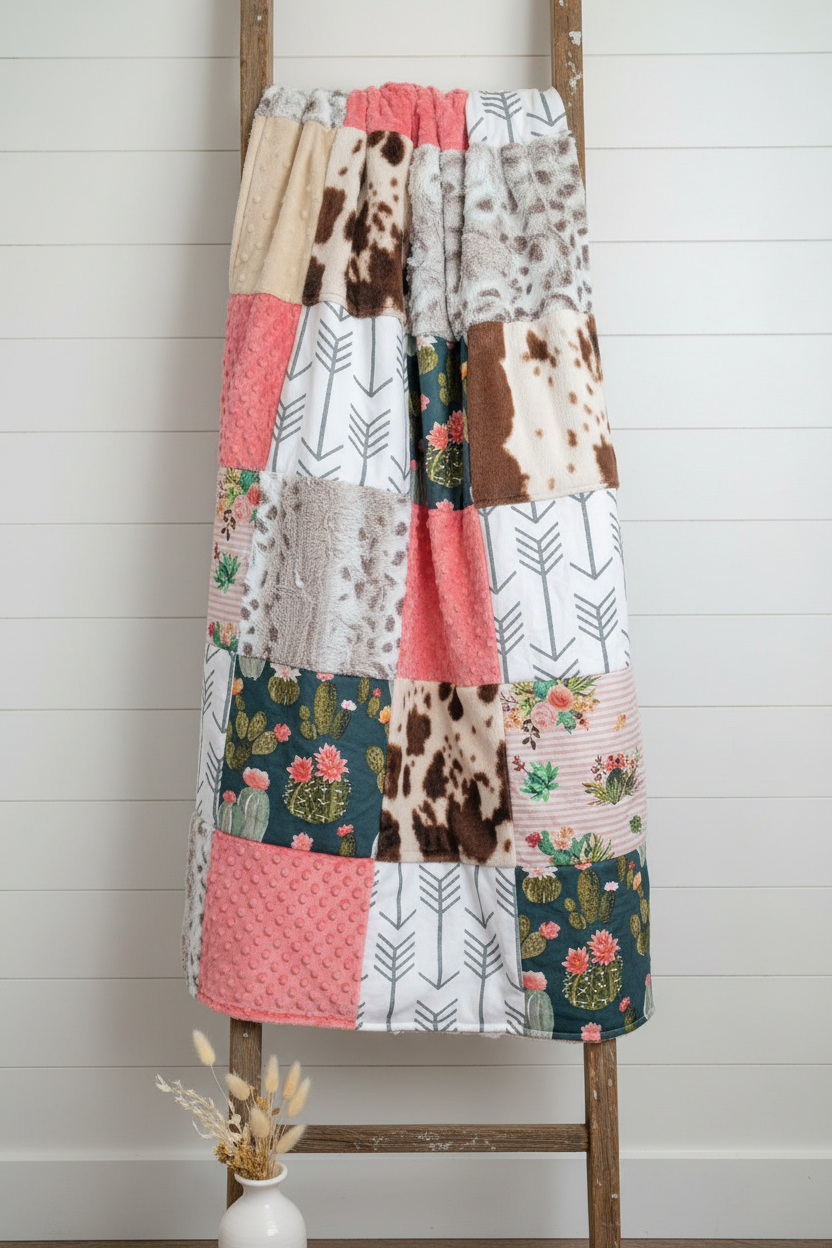 Cow Cactus Coral Blanket Lifestyle on Ladder