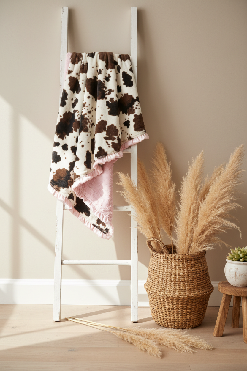 Cow Minky and Blush Minky Western Ruffle Blanket