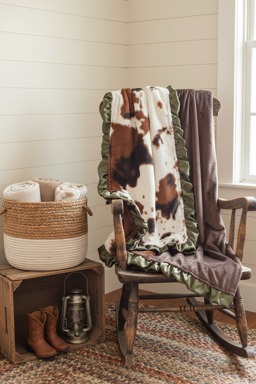 Cow Minky and Brown Minky Western Blanket on Rocking Chair