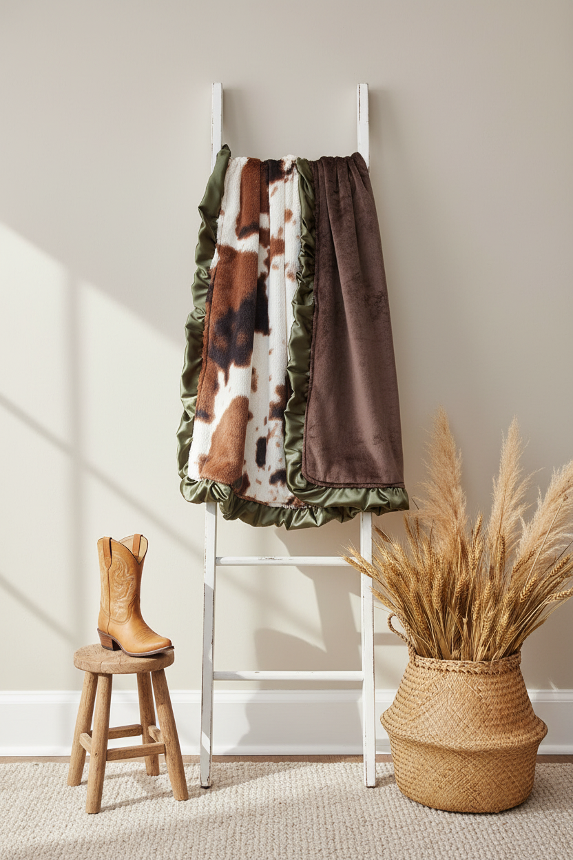 Cow Minky and Brown Minky Western Blanket White Ladder