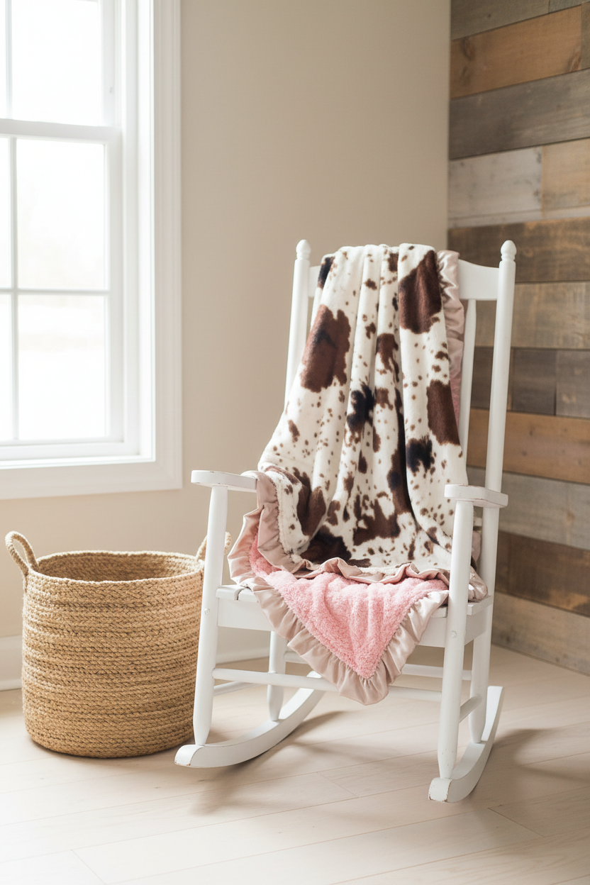 Cow Minky and Peach Minky Western Ruffle Blanket Rocking Chair