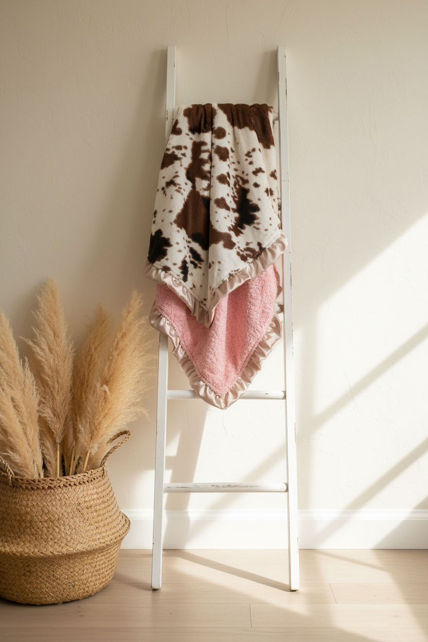 Cow Minky and Peach Minky Western Ruffle Blanket