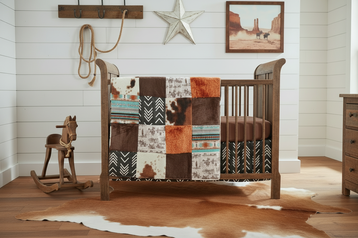 Cowboy Canyon nursery with brown sheet, no bumper, exact blanket
