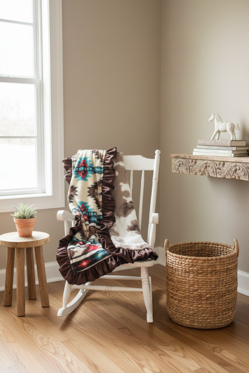 Cream Aztec and Brown Sugar Cow Minky Western Blanket Rocking Chair