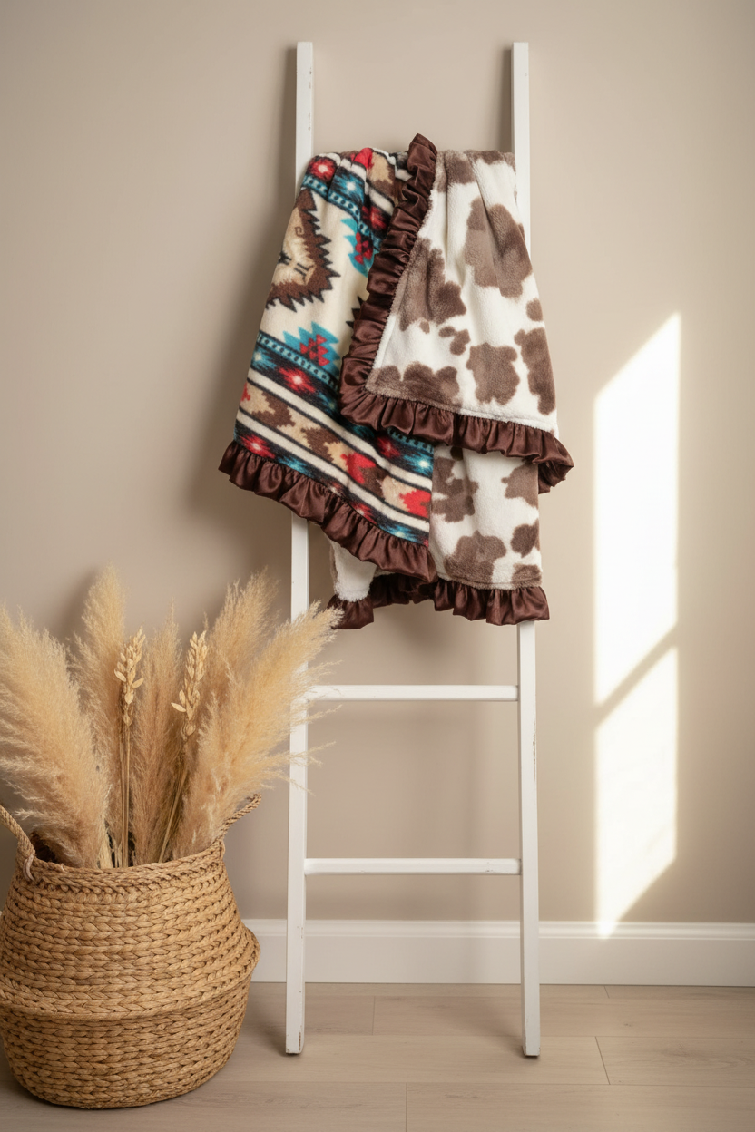 Cream Aztec and Brown Sugar Cow Minky Western Blanket