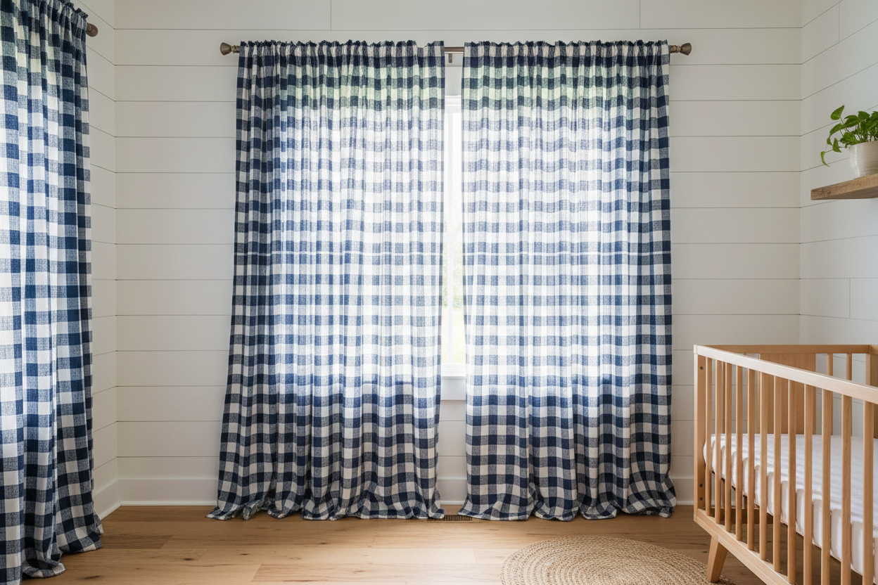 Denim Navy Check Curtains - Navy Blue