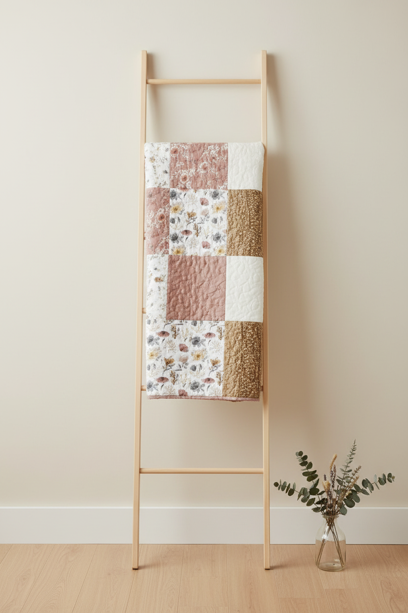 Dusty rose and gold floral woodland blanket on ladder
