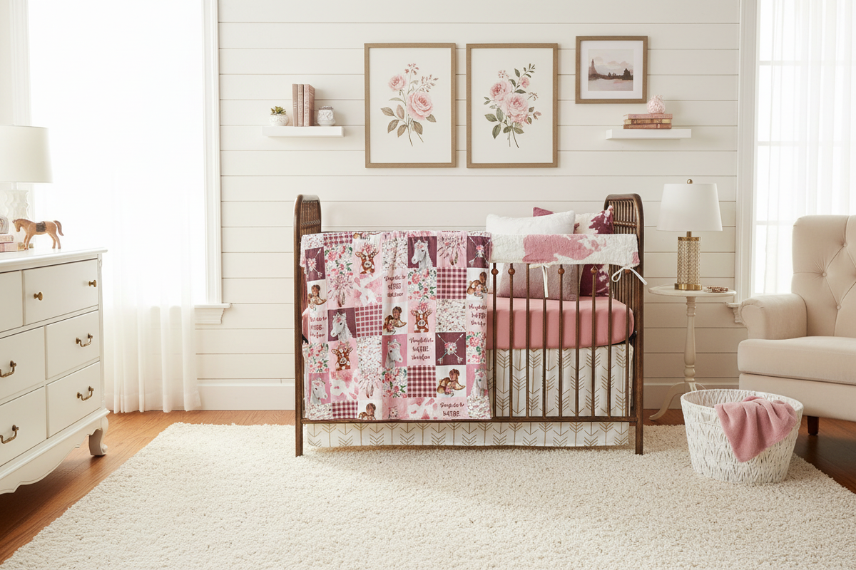 Elegant cowgirl nursery with dusty rose sheet
