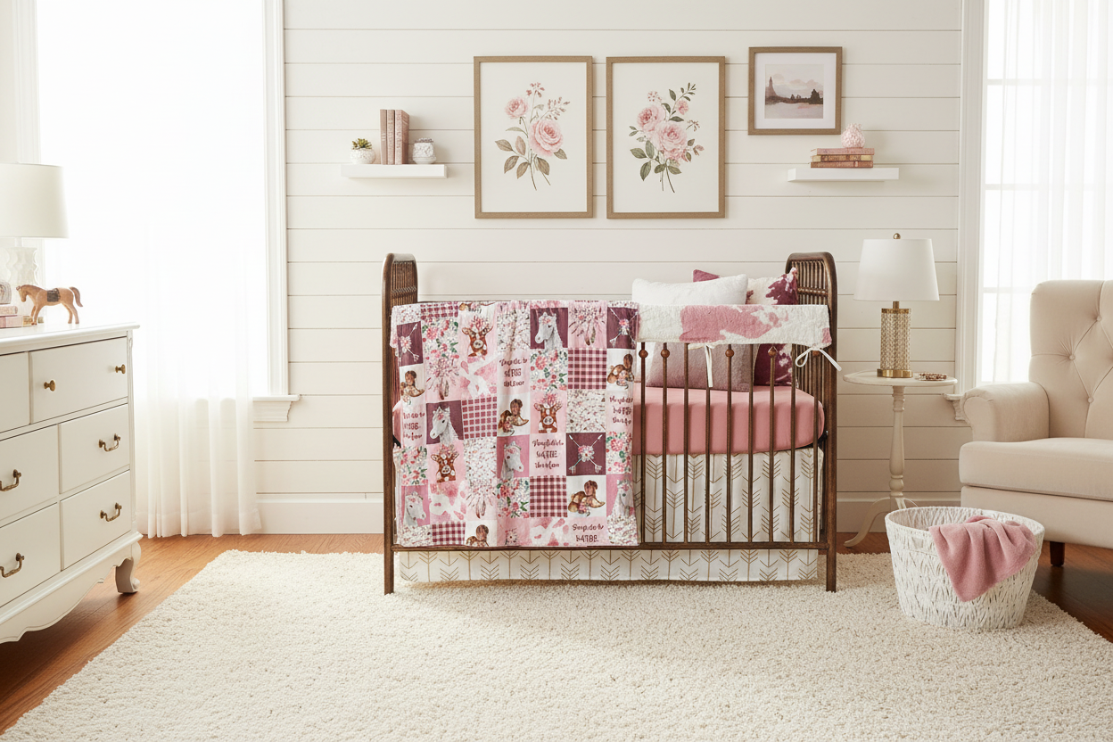 Elegant cowgirl nursery with dusty rose sheet
