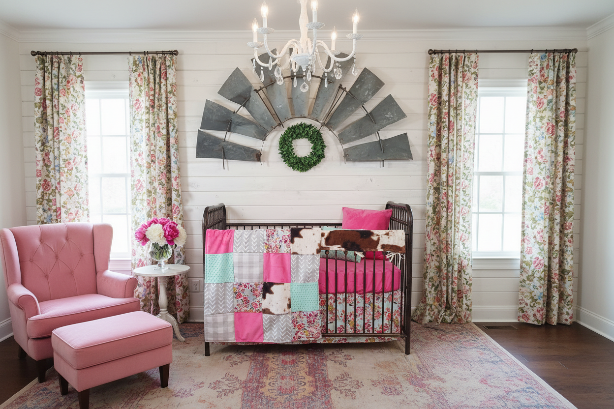 Elegant Nursery with Pink Aqua Chevron Bedding
