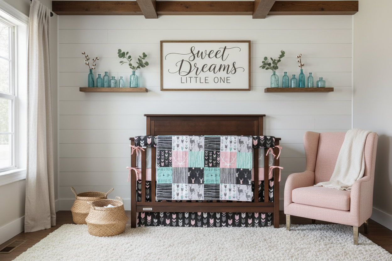 Elegant rustic nursery with rail guards and blush chair