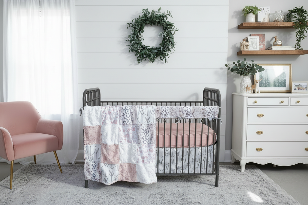 Elegant woodland nursery with white shiplap
