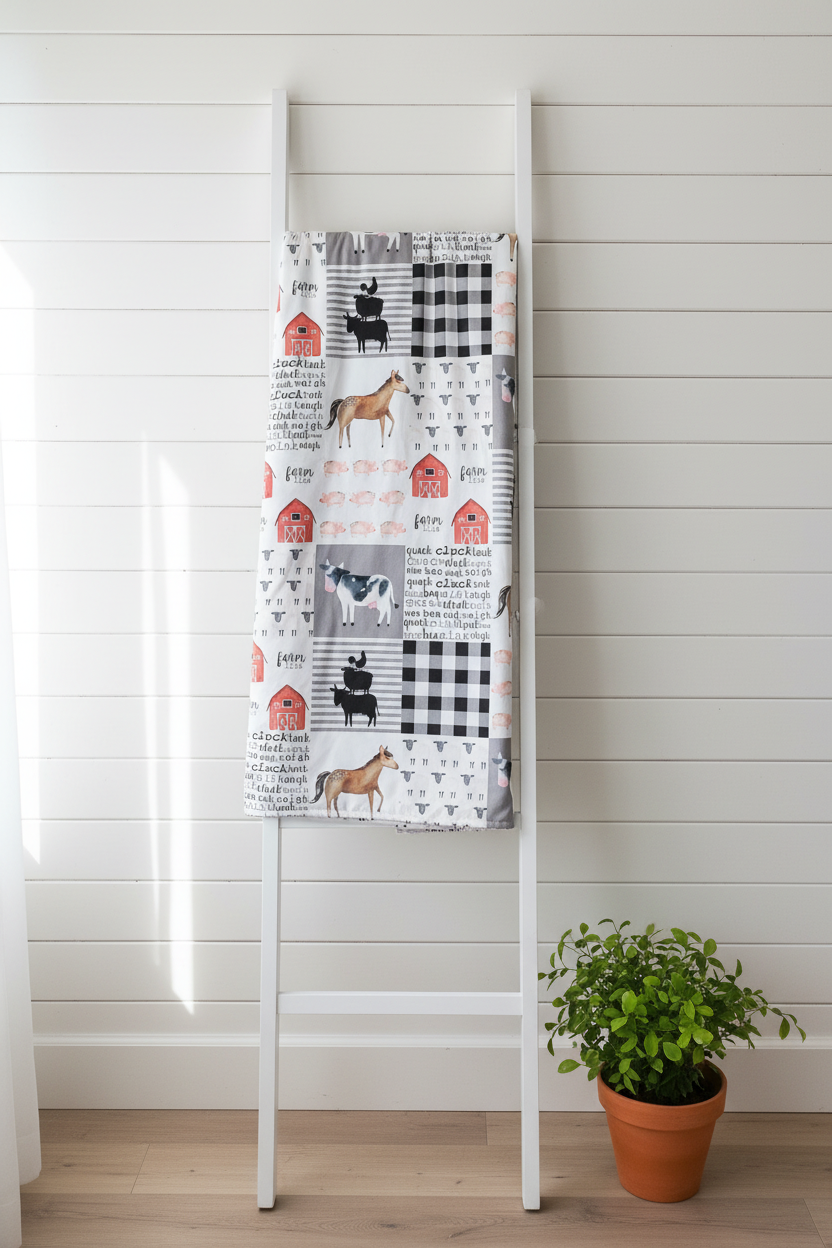 Farm Animals Patchwork Blanket on Ladder