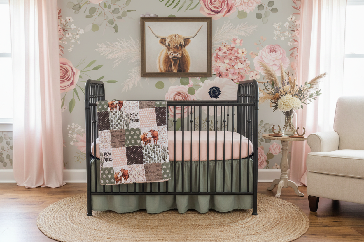 Farm western nursery with perfect skirt length and blush sheers
