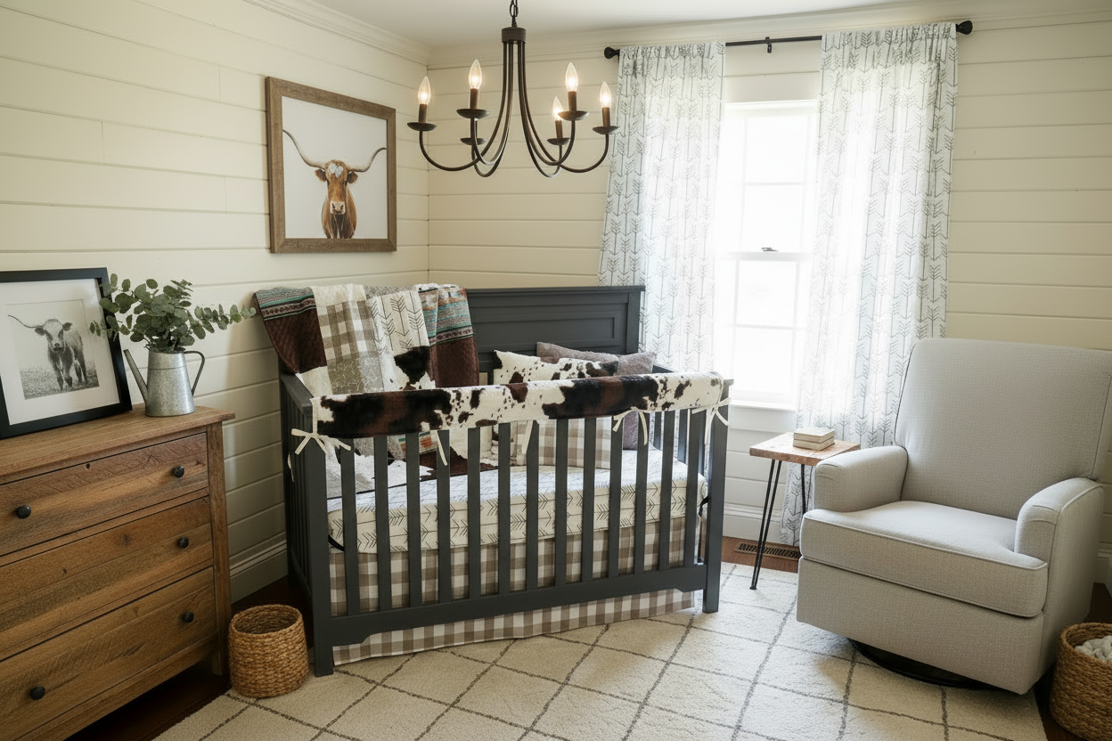 Farmhouse and Cow Minky Farmhouse Nursery - Longhorn Above Left Corner