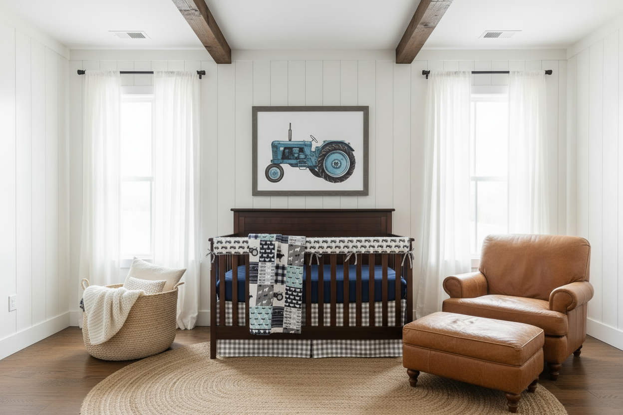 Farmhouse nursery with navy sheet and gray check skirt tractor bedding