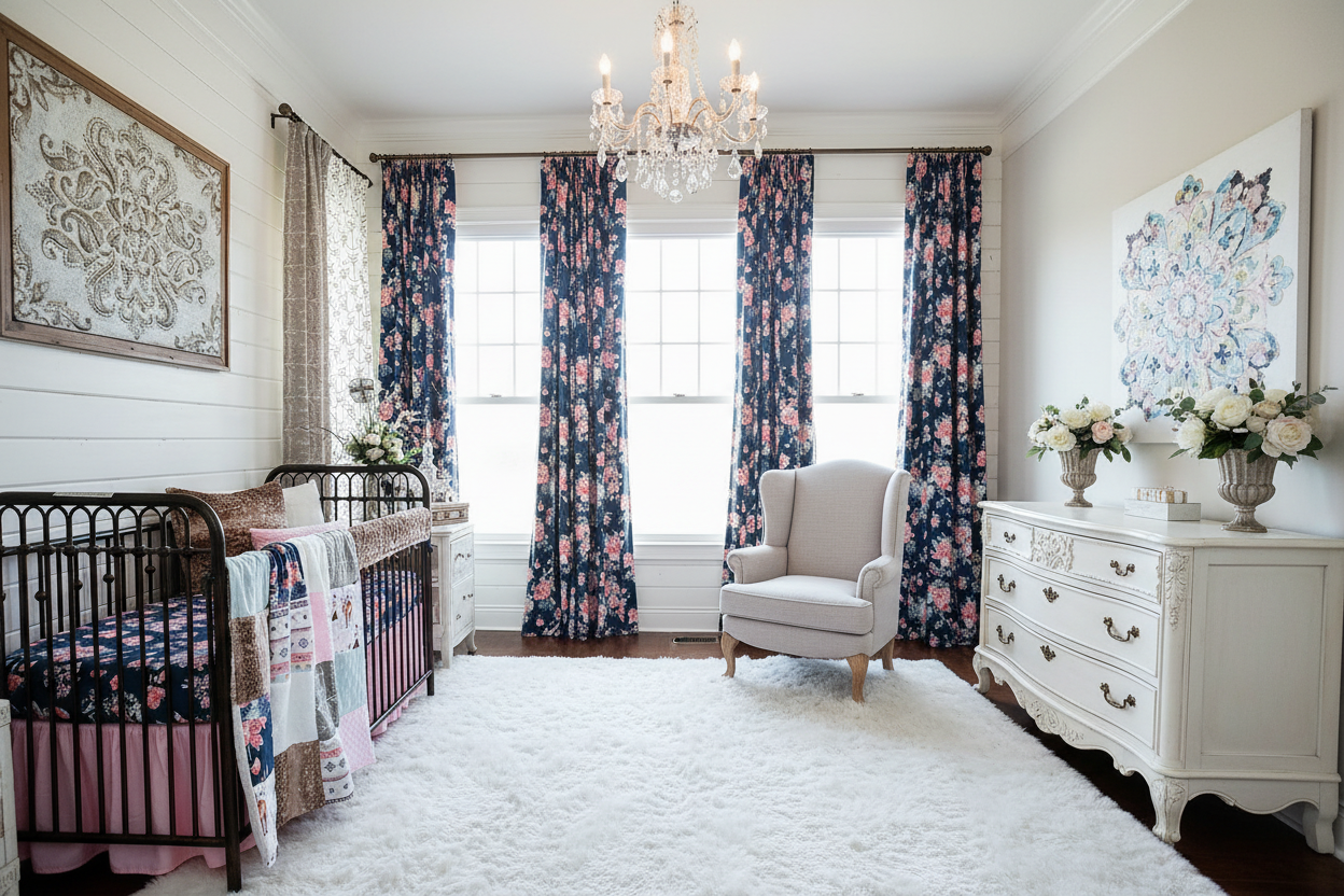 Navy Coral Floral Curtains - Panels & Valances - DBC Baby Bedding Co 