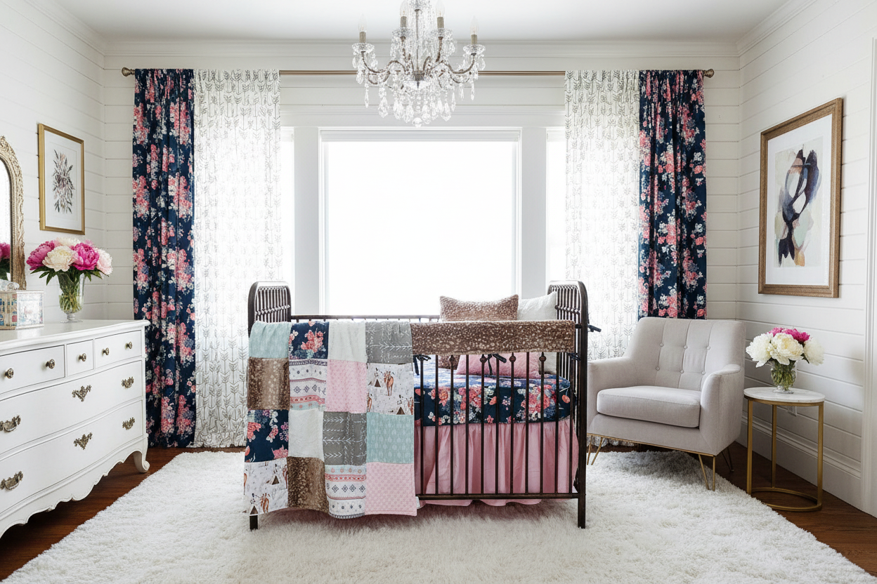 Fawn Navy Pink Floral Bedding Grand Nursery Crib Focal Point