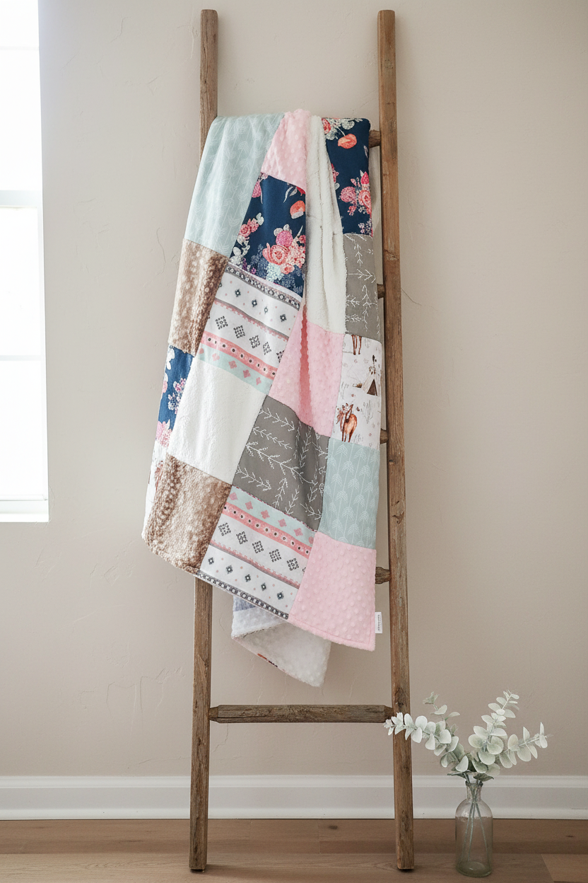 Fawn Navy Pink Floral Blanket Lifestyle on Ladder