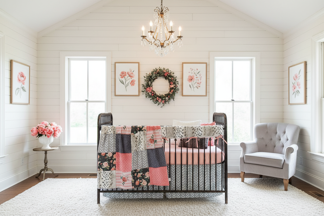 Floral Coral Gray Pink Bedding Grand Nursery Pretty Art