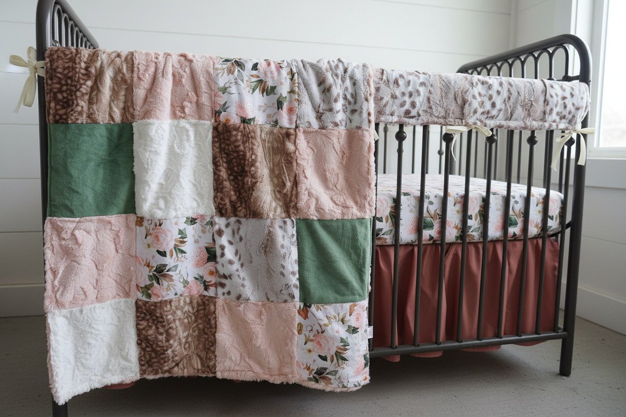Floral Pink Sage Green Leopard Bedding Close-Up