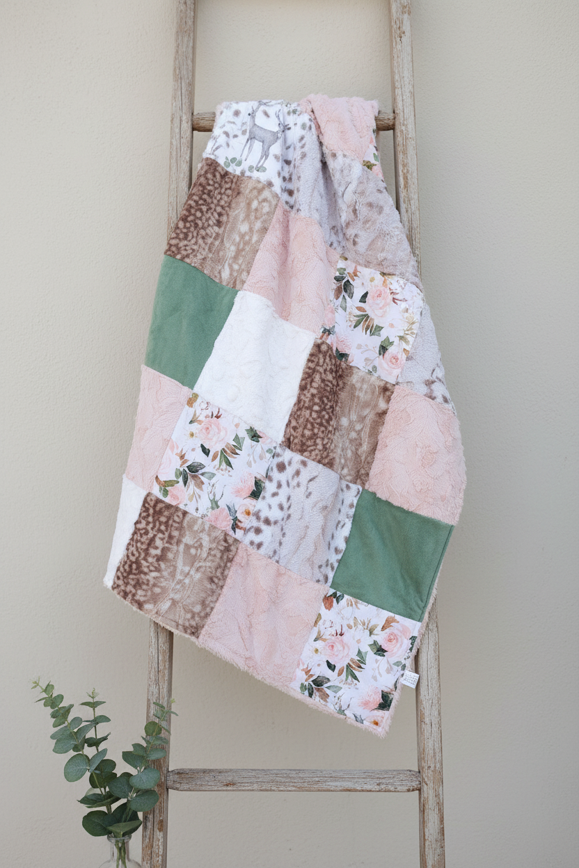 Floral Pink Sage Green Leopard Blanket Lifestyle on Ladder