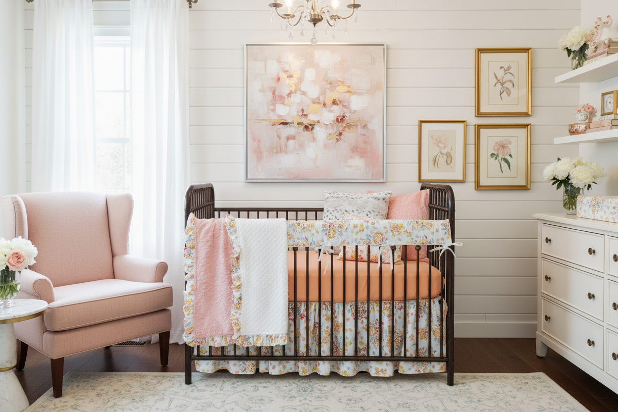 Floral Pink Yellow Coral Bedding Elegant Nursery Clean Wall Lighter Sheet