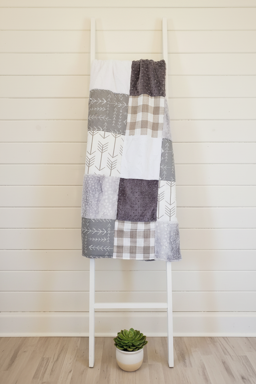 Gray and White Patchwork Blanket on Ladder
