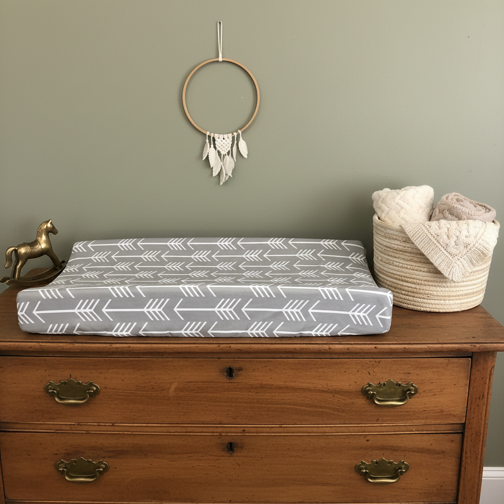 Gray Arrow Western Changing Pad Cover on Antique Dresser