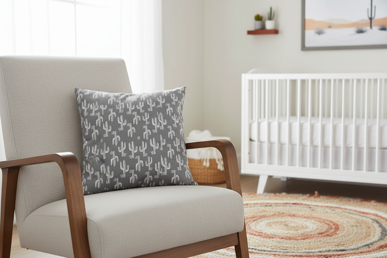 Gray Cactus Cotton Pillow Cover Styled in Southwestern Nursery