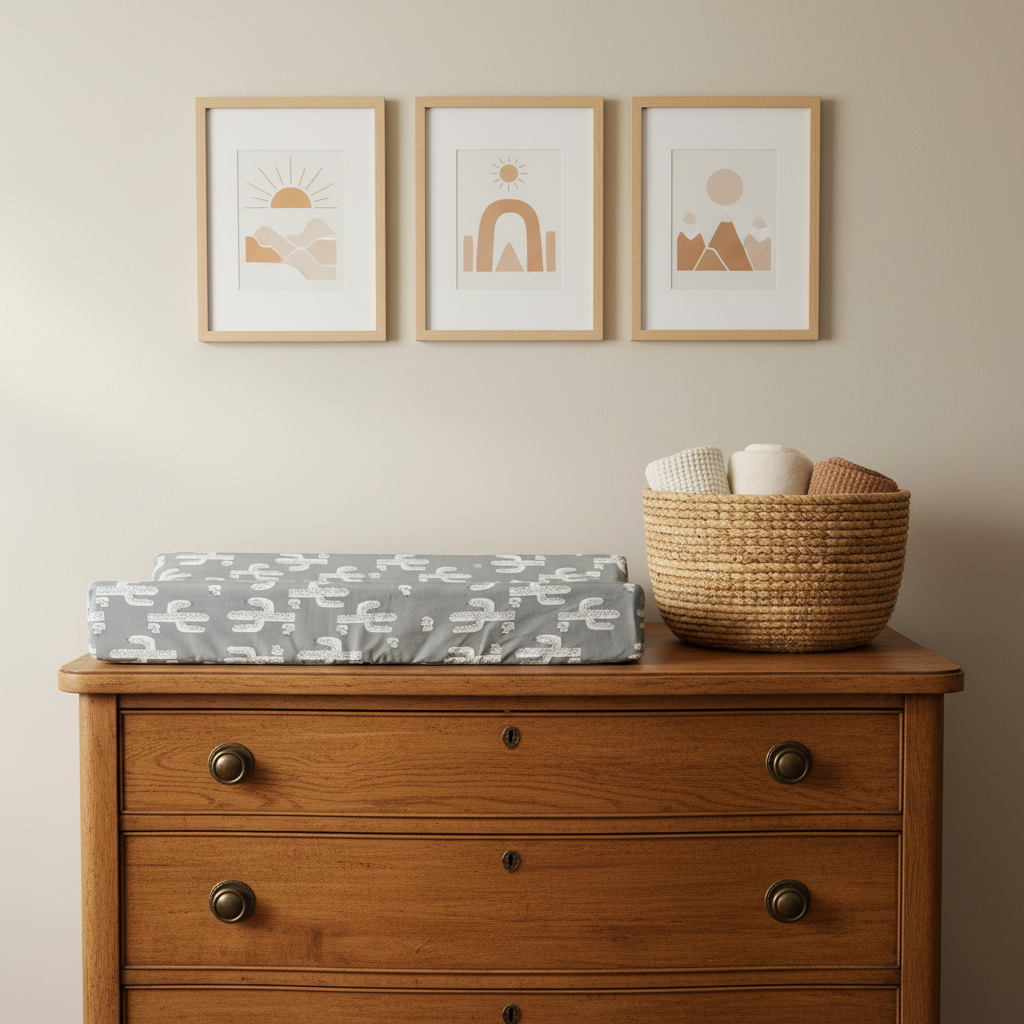 Gray Cactus Western Changing Pad Cover on Brown Dresser with Wall Art