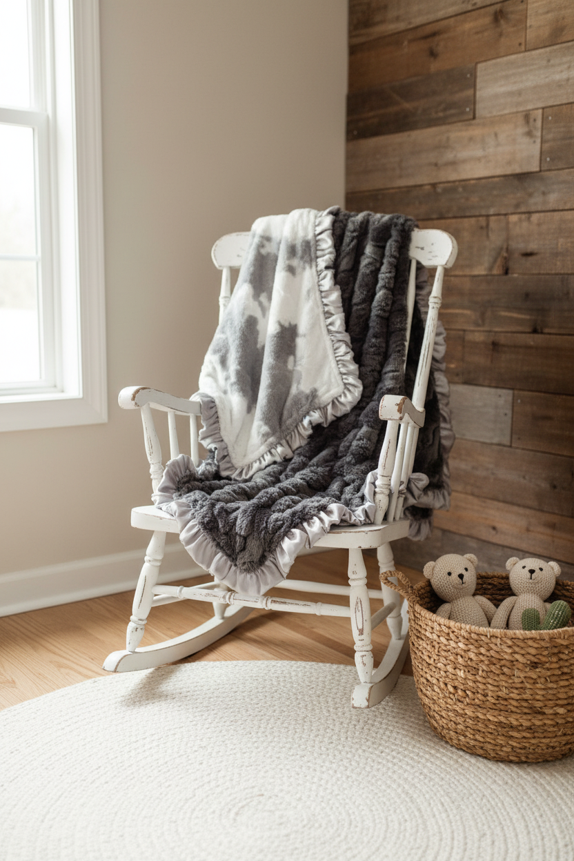 Gray Calf Minky and Gray Wild Rabbit Western Ruffle Blanket Rocking Chair