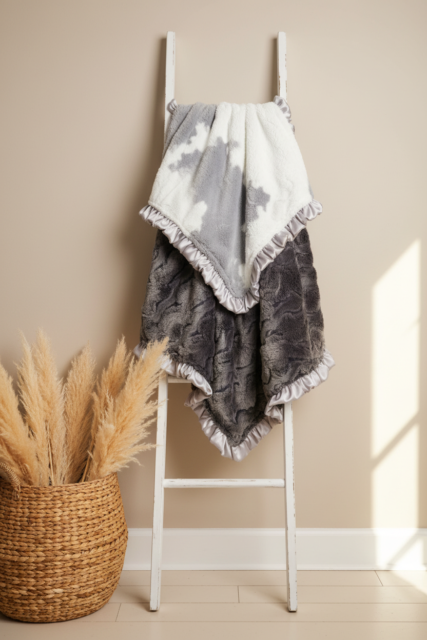Gray Calf Minky and Gray Wild Rabbit Western Ruffle Blanket