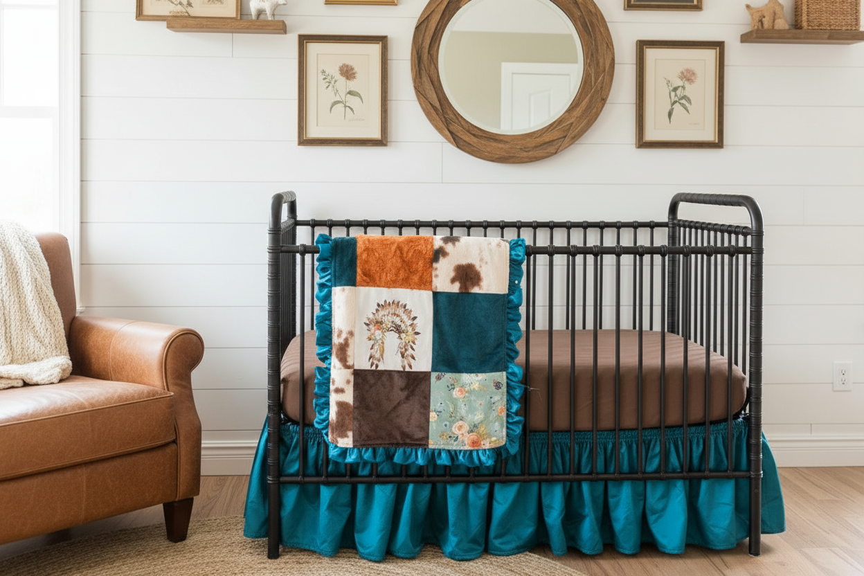 Headdress and Floral Western Girl Crib Bedding - Closer Bedding Focus