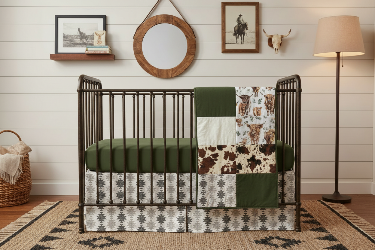 Highland Cow and Aztec Western Nursery with 4x5 Patchwork Blanket