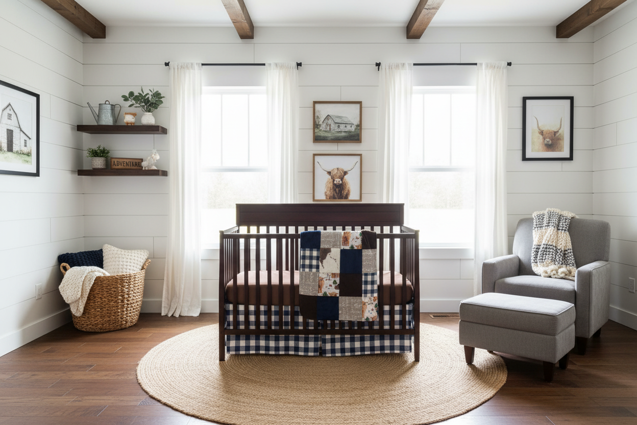 Highland cow farmhouse nursery with dark crib