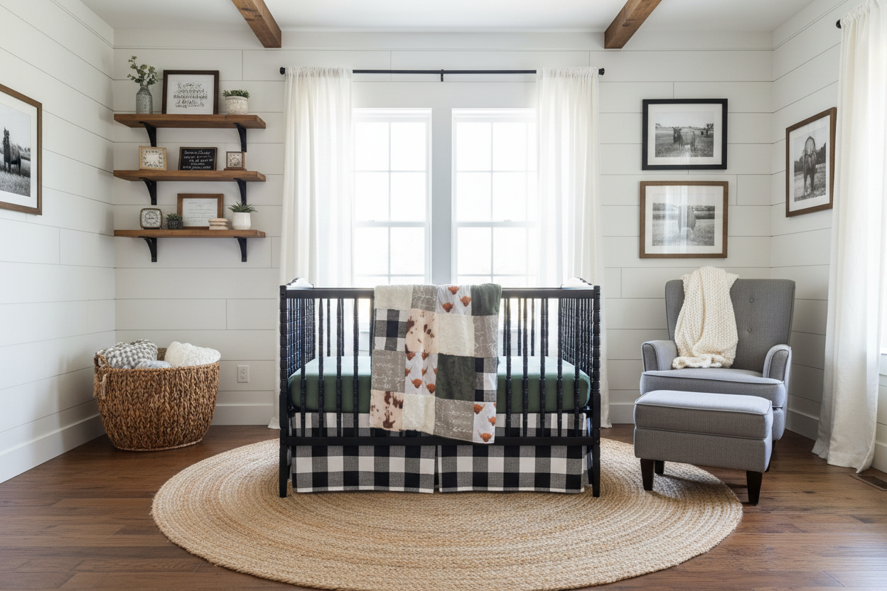 Highland cow farmhouse nursery with hunter green and buffalo check